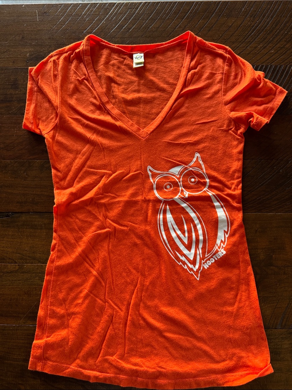 Hooters Orange V-Neck Tee with White Owl Graphic